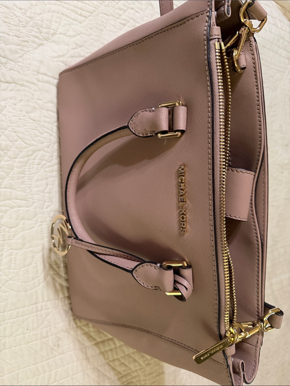 Michael Kors Mauve Leather Satchel with Gold Hardware. Long strap included.